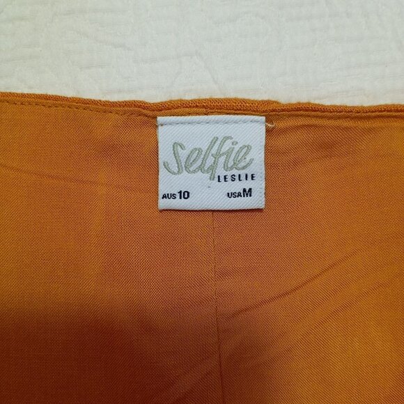 Selfie Leslie Midi Dress Mustard  Spaghetti Straps Button Details Belted Waist M - Picture 2 of 13